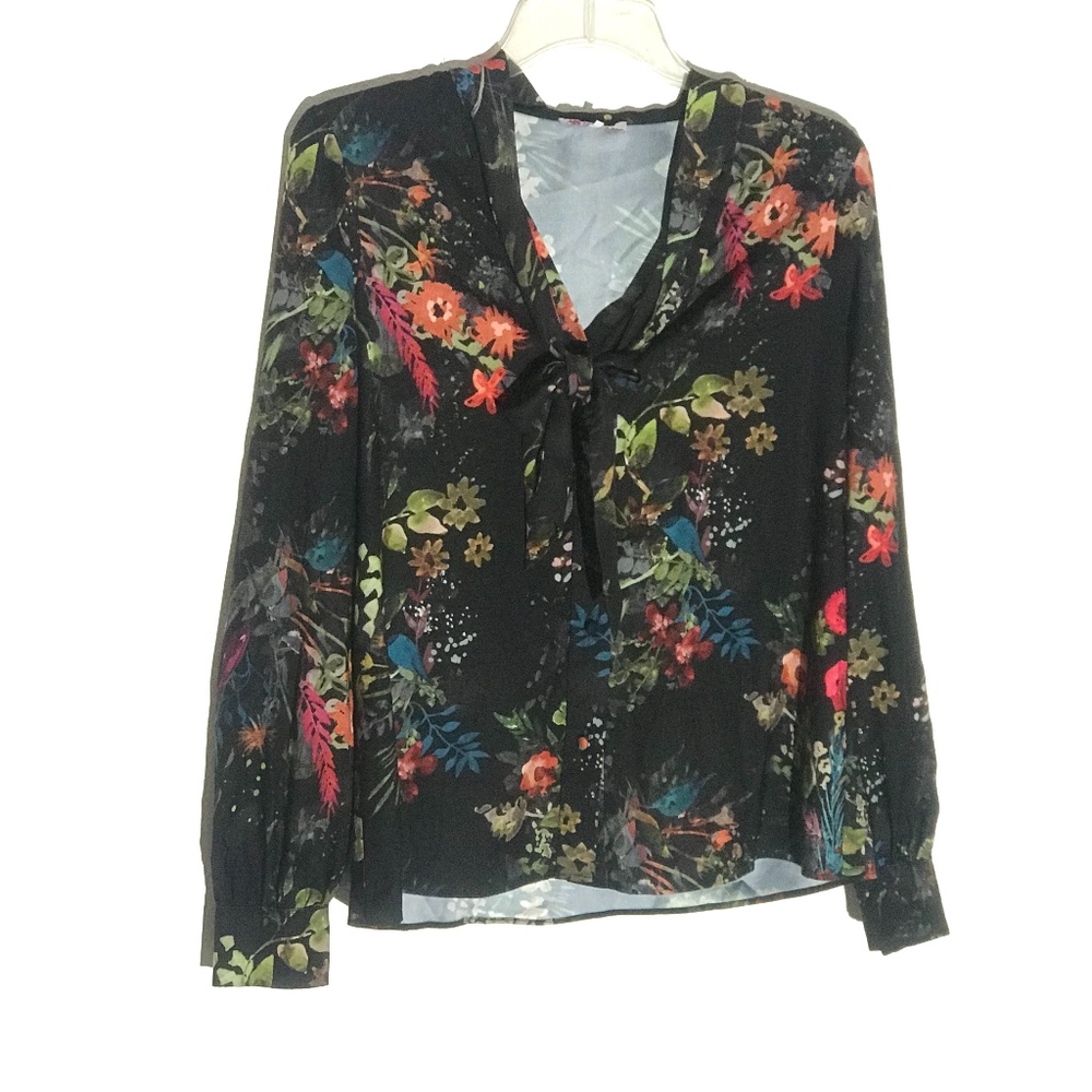 Parker Floral Long Sleeve Tie Neck Blouse Sz XS